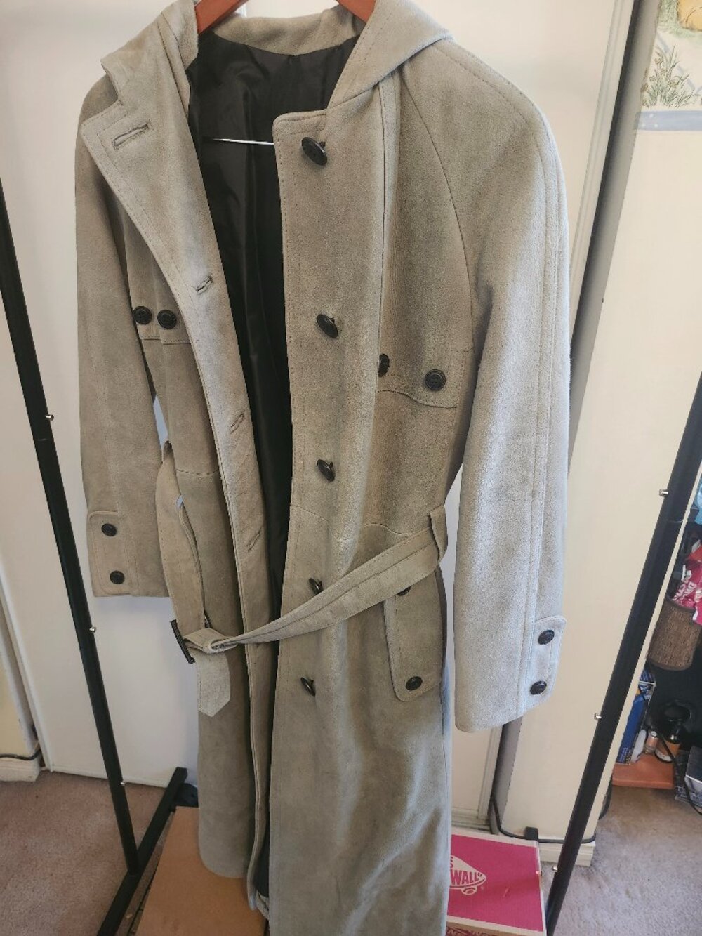 SUEDE LONG TRENCH HOODED COAT LIGHT GREEN SIZE 12